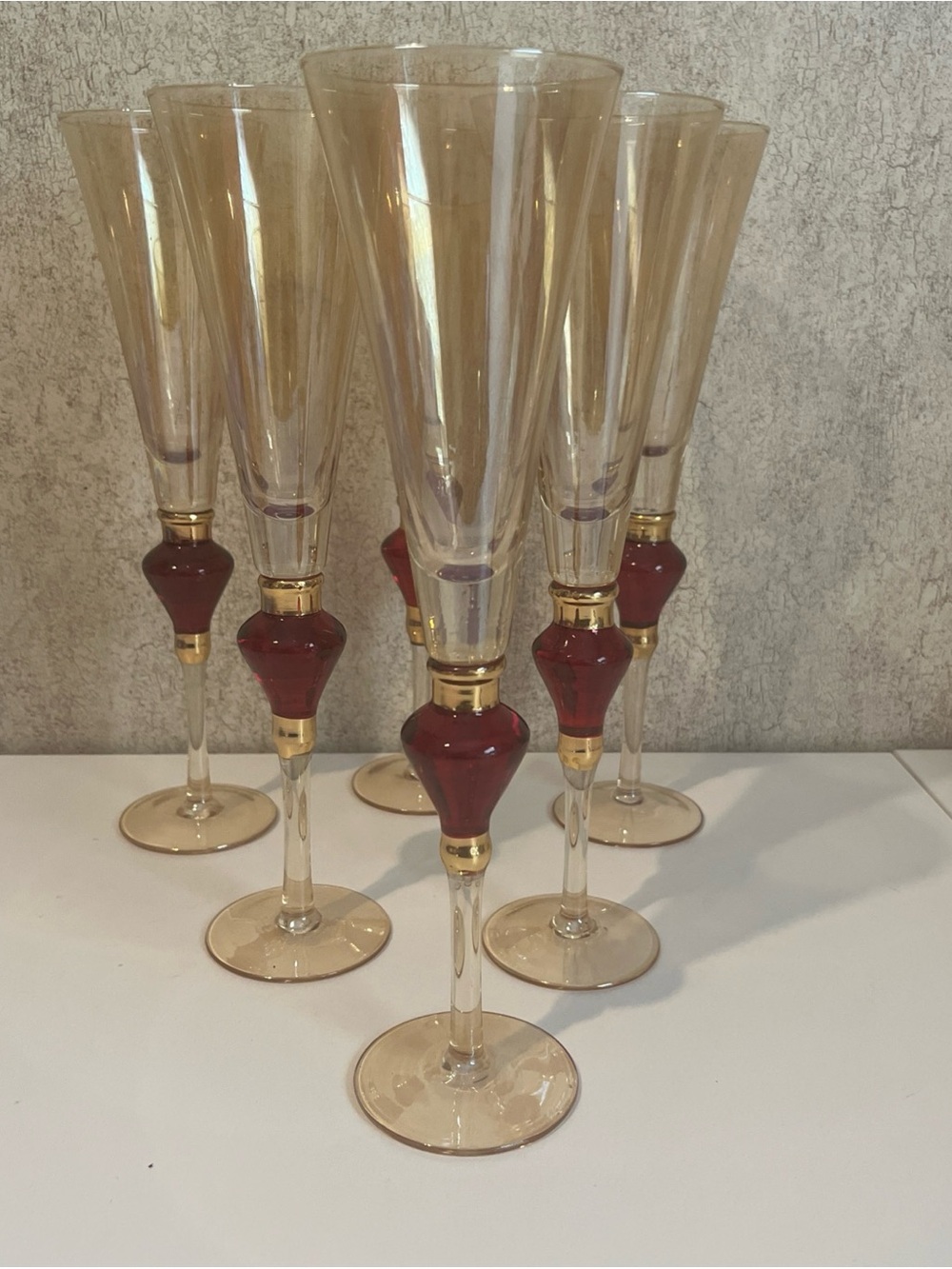 Vintage Pier 1 Imports Amber Luster Red Jewel Champaign Flute 11.5” Set of 6